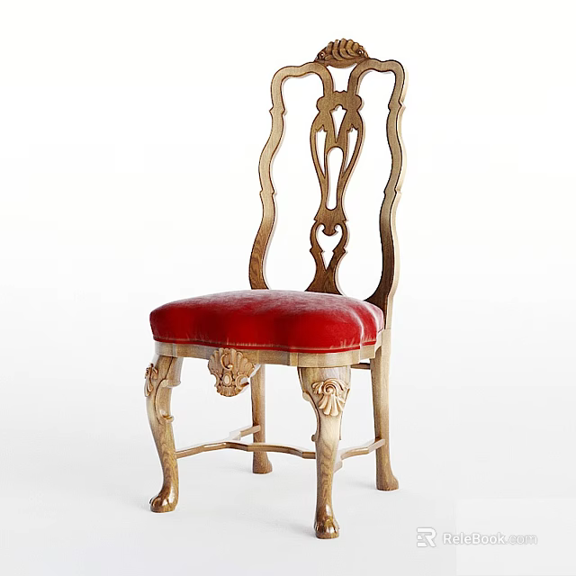 Classic Single Chair With Golden Carved Backrest And Red Upholstered Seat 3d model 