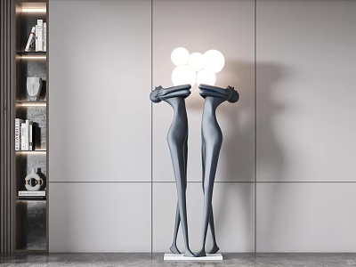 Abstract Floor Lamp With Two Humanoid Figures Supporting White Spherical Lampshades In Modern Interior 3d model