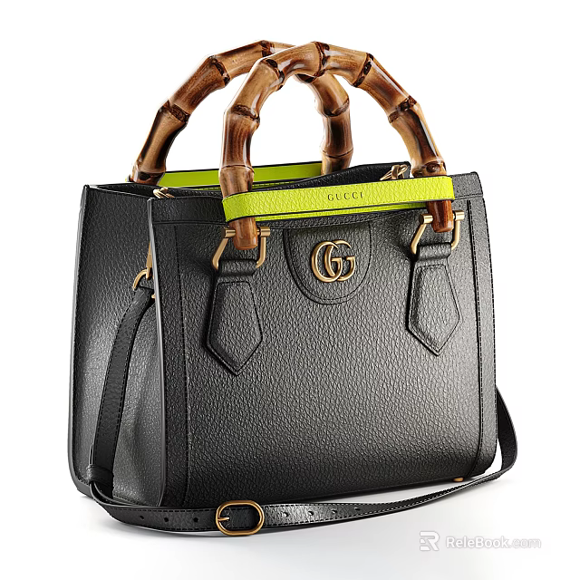 Black Pebbled Leather Handbag With Bamboo Handles Green Strap GG Logo And Structured Design 3d model 