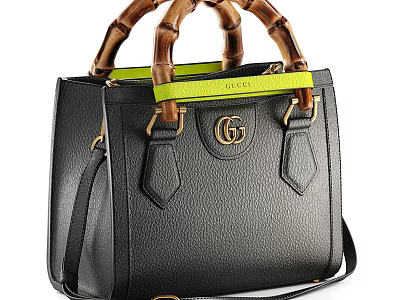 Black Pebbled Leather Handbag With Bamboo Handles Green Strap GG Logo And Structured Design 3d model