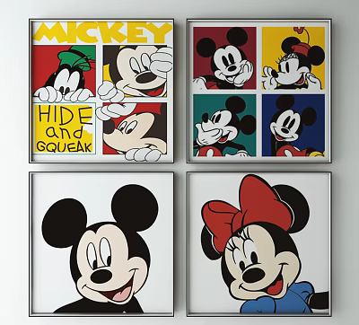 Mickey and Minnie Mouse Cartoon Posters With Various Poses And Hide And Go Seek Text 3d model