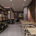 Modern Dessert Shop Interior With Red Uniform Staff Counter Tables Chairs And Green Plant Shelves
