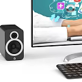 Modern Computer Setup With Large Monitor Laptop Keyboard Mouse Speakers And Colorful Screen Icons