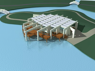 Scenic Waterfront Pavilion Featuring Wooden Deck White Lattice Roof Tables And Green Pond 3d model