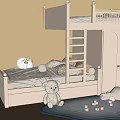 White Bunk Bed in Kids Room with Storage Cabinet Stuffed Toys and Rug