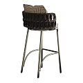 Elegant Bar Stool With Houndstooth Fabric Seat And Carved Metal Backrest