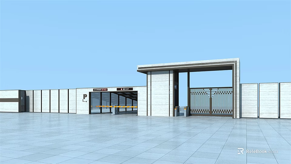 Modern Entrance Gate With Metal Grille White Wall Plaza Ground And Blue Sky 3d model 
