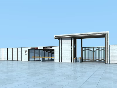 Modern Entrance Gate With Metal Grille White Wall Plaza Ground And Blue Sky 3d model