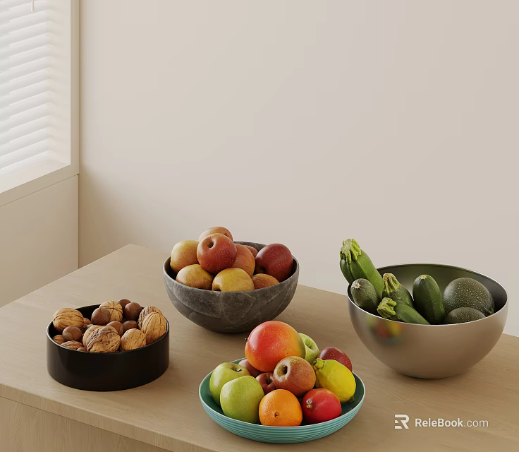 Wooden Table Displaying Fruits Nuts And Veggies In Bowls 3d model 