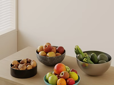 Wooden Table Displaying Fruits Nuts And Veggies In Bowls 3d model