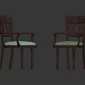 Pair of Wooden Frame Leisure Chairs with Green Striped Cushions and Armrests