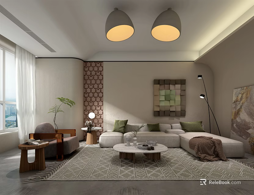 Modern Living Room Interior With L Shaped Sofa Coffee Table Pendant Lights And Decorative Painting 3d model 