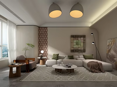 Modern Living Room Interior With L Shaped Sofa Coffee Table Pendant Lights And Decorative Painting 3d model