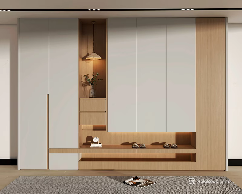 Modern Light Colored Shoe Cabinet With Sleek Design Open Shelves And Potted Plant 3d model 