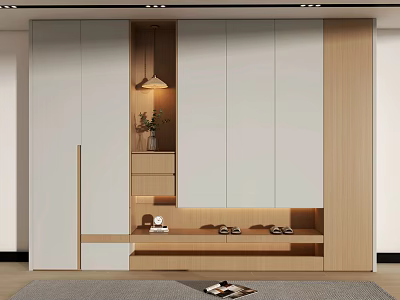 Modern Light Colored Shoe Cabinet With Sleek Design Open Shelves And Potted Plant 3d model
