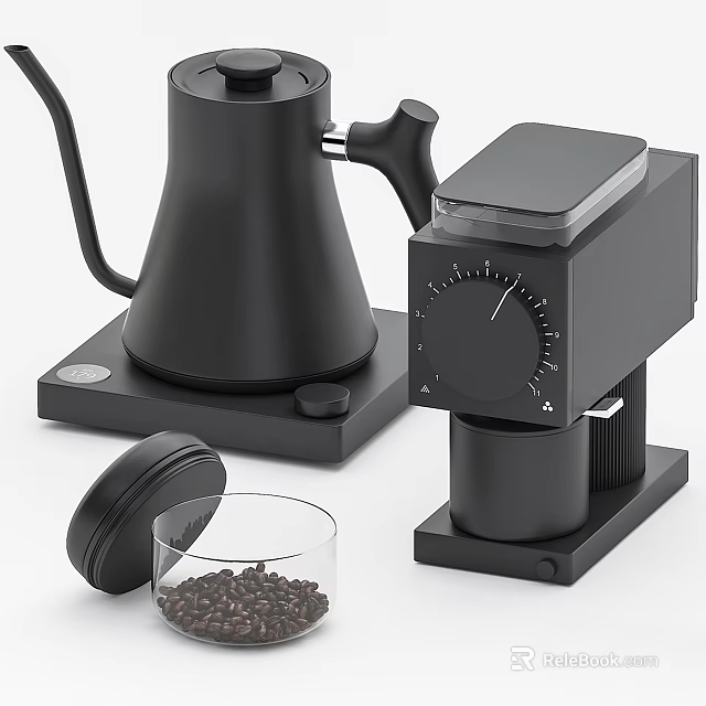 Modern Black Kitchen Appliances With Coffee Grinder Maker And Glass Container 3d model 