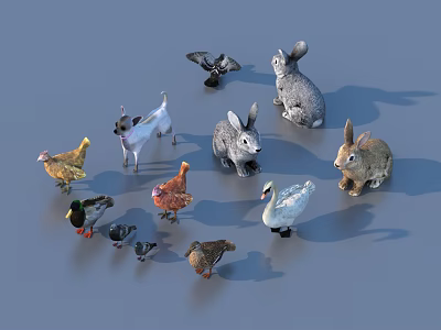 Various Small Animal Figurines Collection With Rabbits Dog Chicken Swan And Ducks 3d model