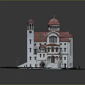 Cartoon Scene of White Building with Red Domes Tower Brick Paved Ground and Green Plants
