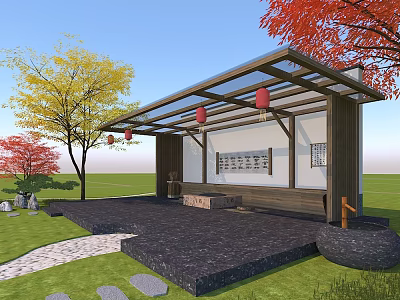 Chinese Style Pergola Featuring Glass Roof Red Lanterns Stone Bench And Surrounding Trees 3d model