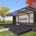 Chinese Style Pergola Featuring Glass Roof Red Lanterns Stone Bench And Surrounding Trees