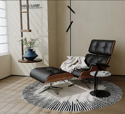 Elegant Black Leather Lounge Chair With Ottoman White Blanket Side Table Vase And Round Rug 3d model