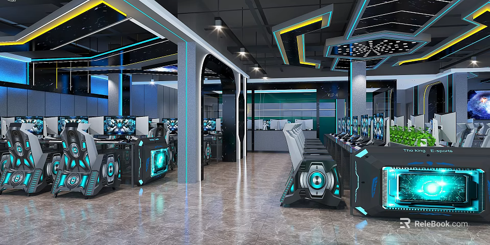 Modern High Tech Gaming Cafe Interior With Blue Lighting Ergonomic Seats And Advanced Gaming PCs 3d model 
