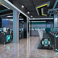 Modern High Tech Gaming Cafe Interior With Blue Lighting Ergonomic Seats And Advanced Gaming PCs 3d model