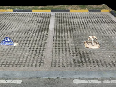 Urban Road Facilities With Grid Patterned Pavement Blue Traffic Sign And Manhole Cover 3d model