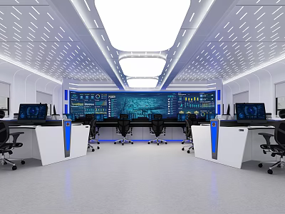 Modern Control Room Interior With Multiple Monitor Screens And Control Consoles 3d model