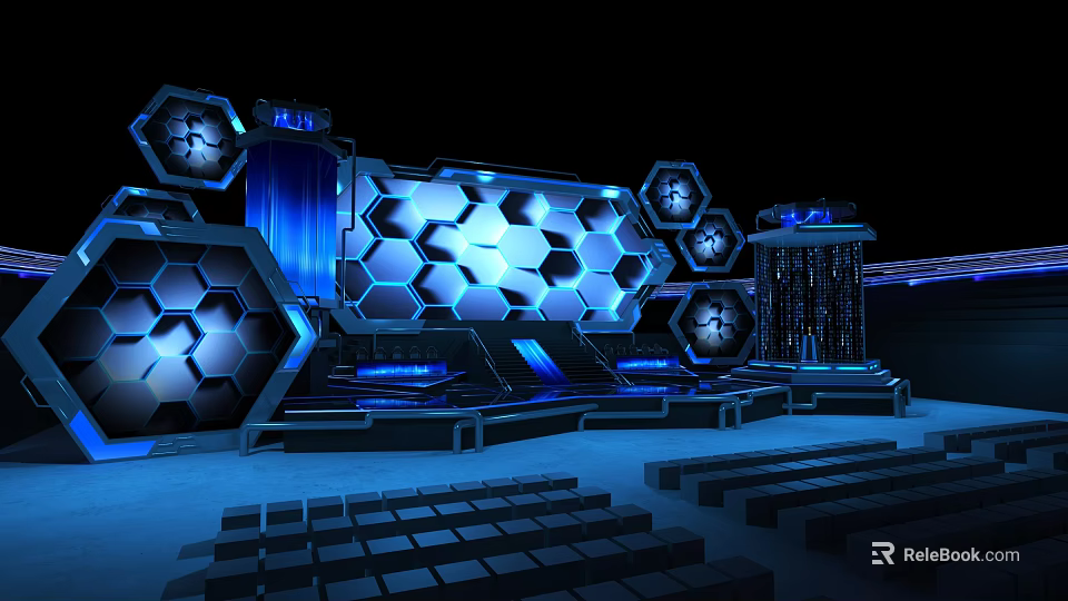 Futuristic Ballroom Interior Design With Hexagonal Blue Lighting And Dance Floor 3d model 