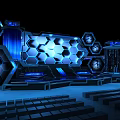 Futuristic Ballroom Interior Design With Hexagonal Blue Lighting And Dance Floor