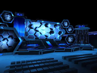 Futuristic Ballroom Interior Design With Hexagonal Blue Lighting And Dance Floor 3d model