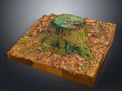 Wooden Tree Stump Decorative Artwork With Stone Base And Autumn Leaves 3d model