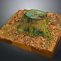 Wooden Tree Stump Decorative Artwork With Stone Base And Autumn Leaves