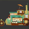 Colorful Decorative Model Cart With Umbrella Flag Red Wheels And Detailed Design