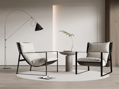 Modern Accent Chairs In Minimalist Living Space With Floor Lamp Round Table And Green Plant 3d model