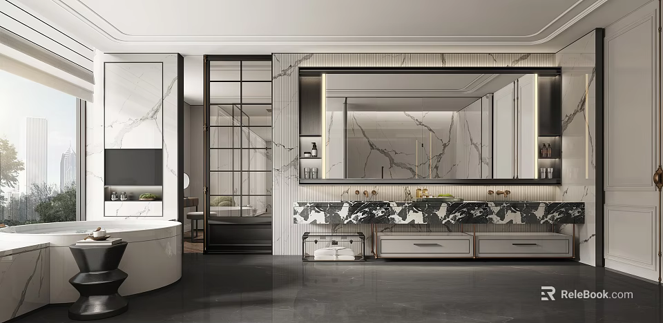 Elegant Modern Bathroom Interior With Marble Vanity Large Mirror And Bathtub 3d model 