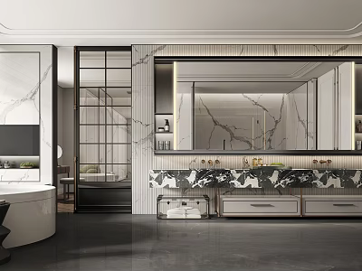 Elegant Modern Bathroom Interior With Marble Vanity Large Mirror And Bathtub 3d model