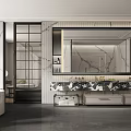 Elegant Modern Bathroom Interior With Marble Vanity Large Mirror And Bathtub