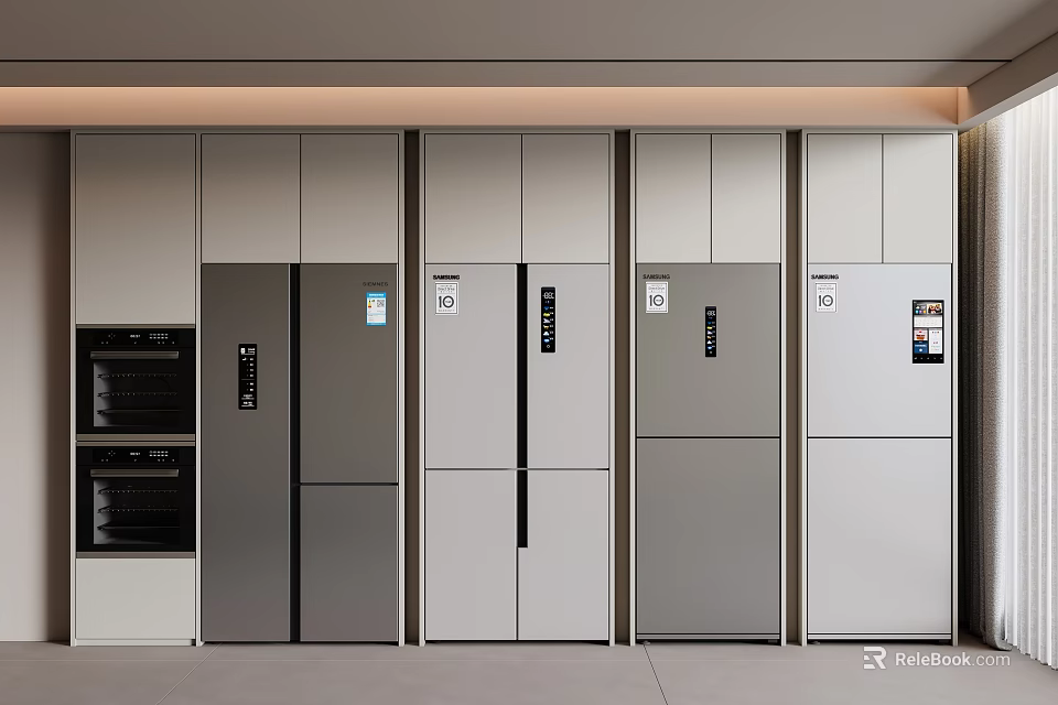 Modern Open Kitchen Interior Design Showcasing Premium Stylish Refrigerators And Freezers 3d model 