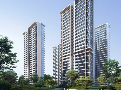 Modern High Rise Residential Building Exterior With Surrounding Greenery And Trees 3d model