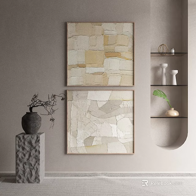 Neutral Interior Wall With Abstract Paintings Decorative Shelf And Vase 3d model