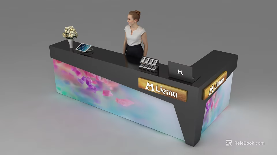 Modern Reception Desk With Colorful Gradient Front Branded Logo Tablet Flower Arrangement And Welcome Sign 3d model 