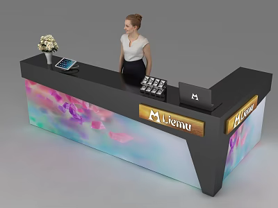 Modern Reception Desk With Colorful Gradient Front Branded Logo Tablet Flower Arrangement And Welcome Sign 3d model