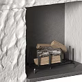 Stone Fireplace With Rough Natural Texture And Wood Logs In Interior Design