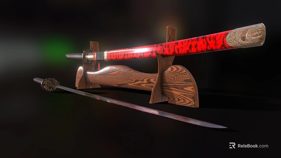 Traditional Japanese Katana Weapon With Red Black Accents On Wooden Display Stand And Another Blade 3d model 