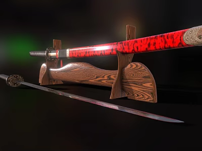 Traditional Japanese Katana Weapon With Red Black Accents On Wooden Display Stand And Another Blade 3d model