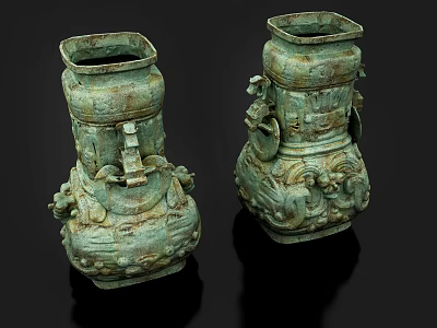 Two Ancient Bronze Vessels With Intricate Carvings And Ornate Decorative Designs 3d model