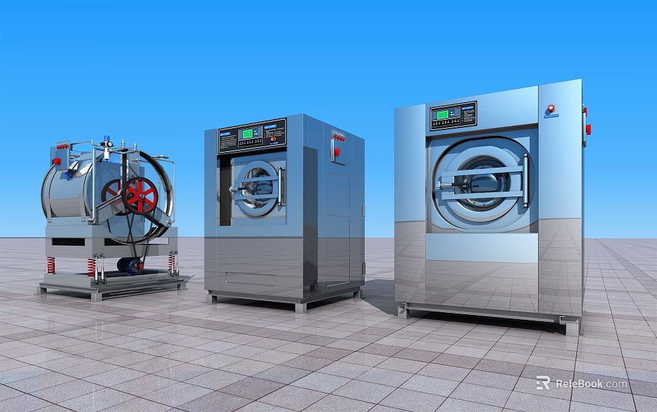 Industrial Washing Machines Stainless Steel Design With Control Panel Various Types For Laundry Use 3d model 