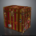 Vintage Trunk With Red And Gold Stripes And Various Travel Stickers